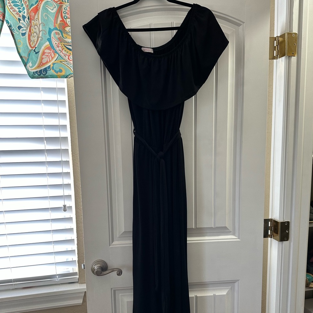 Black off the shoulder belted jumpsuit